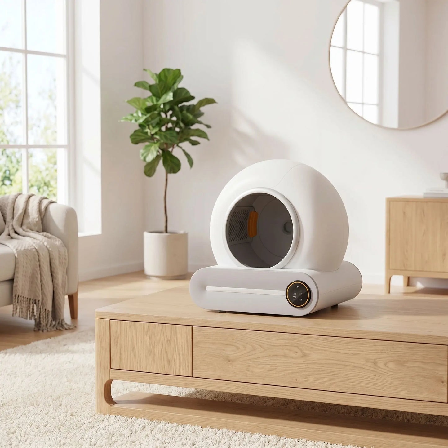 Bac à litière pour chat automatique compact sur meuble bois