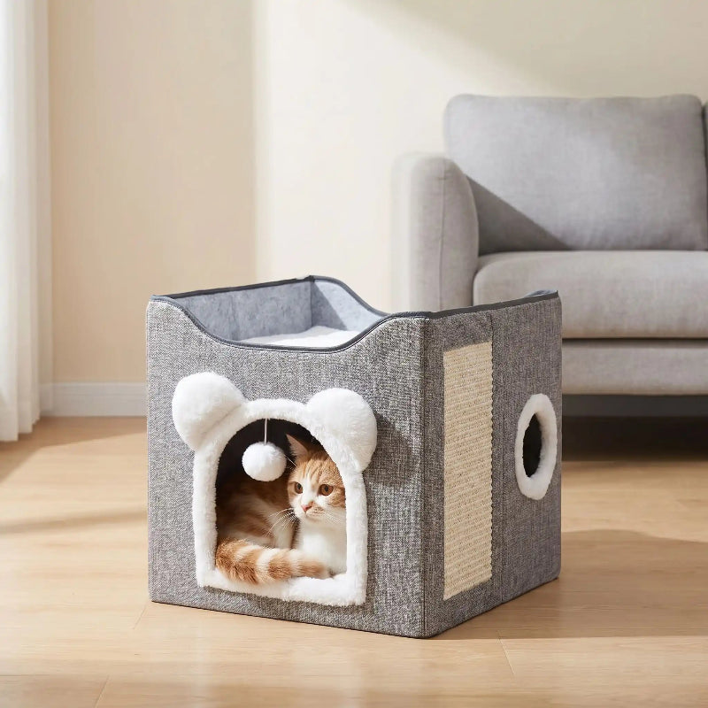 Cabane pour chats grise avec oreilles