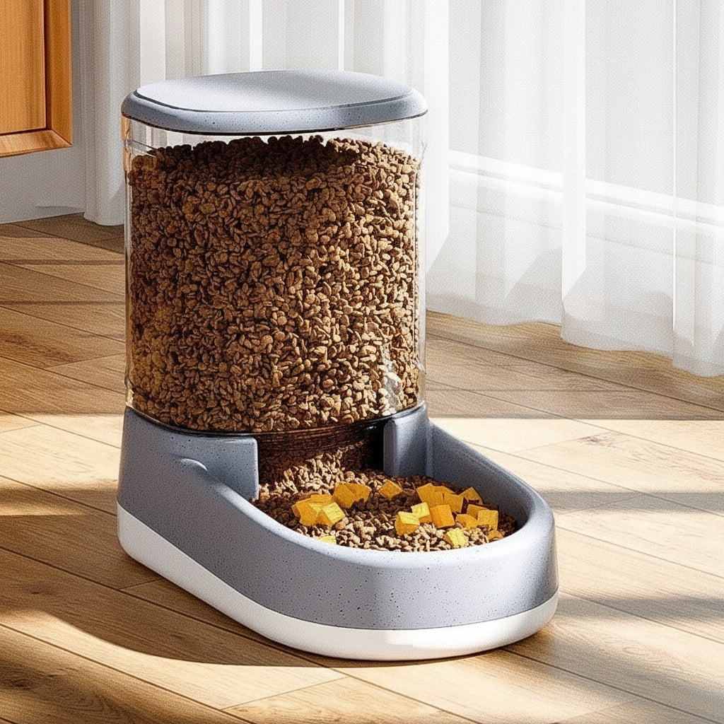 distributeur croquettes chat automatique de couleur gris