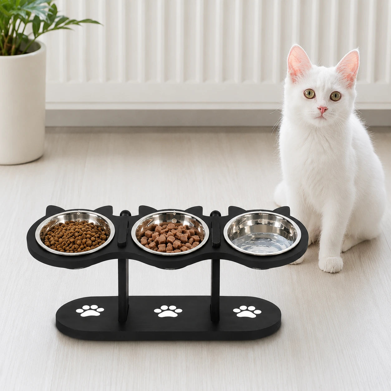 Gamelle chat surélevée trois bols nourriture friandises et eau