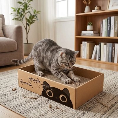 griffoir Chat carton avec chat gris qui gratte