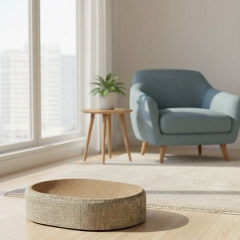 Griffoir chat rond beige dans salon minimaliste moderne