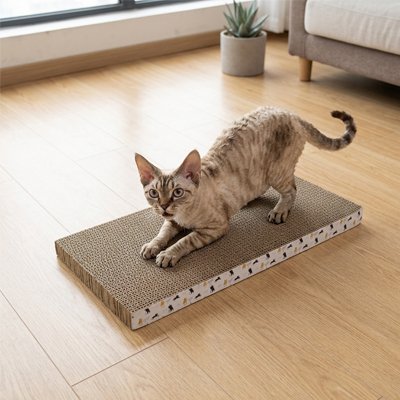 griffoir en carton pour Chat beige qui fait ses griffes