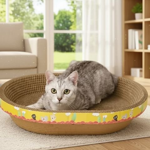Griffoir en carton pour chat gris allongé