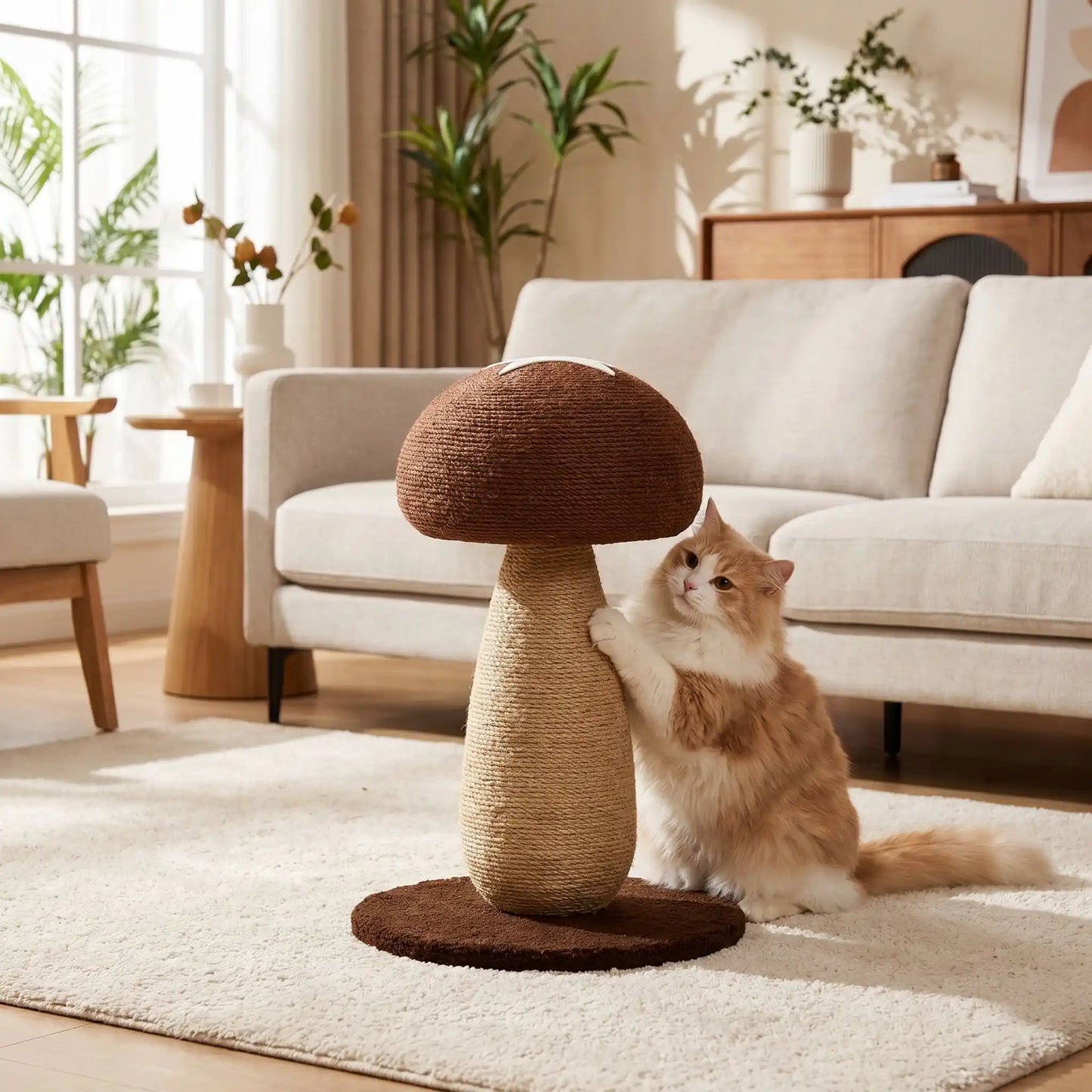 Griffoir pour chat avec petit chat beige dans salon moderne