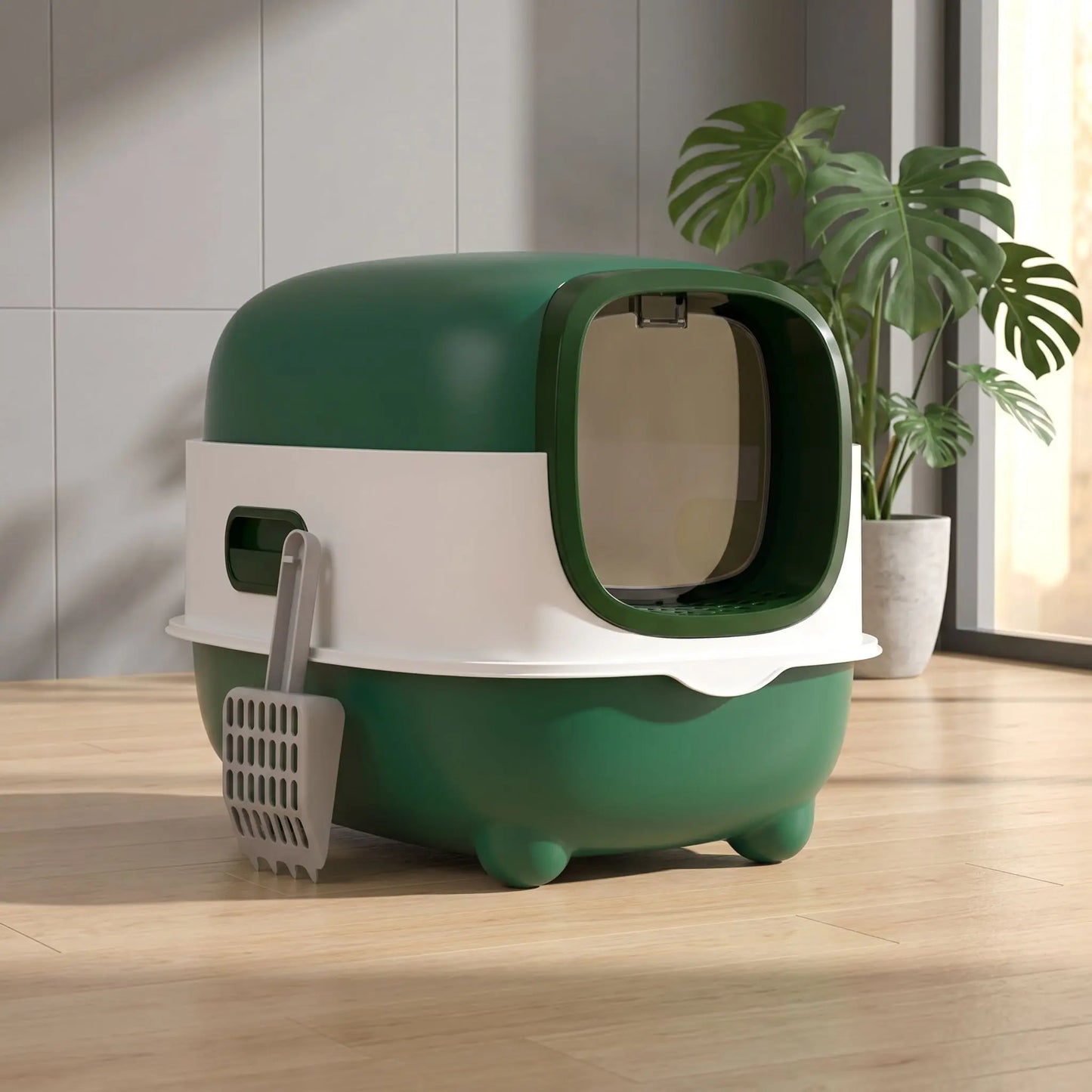 litiere chat fermée verte avec un plante