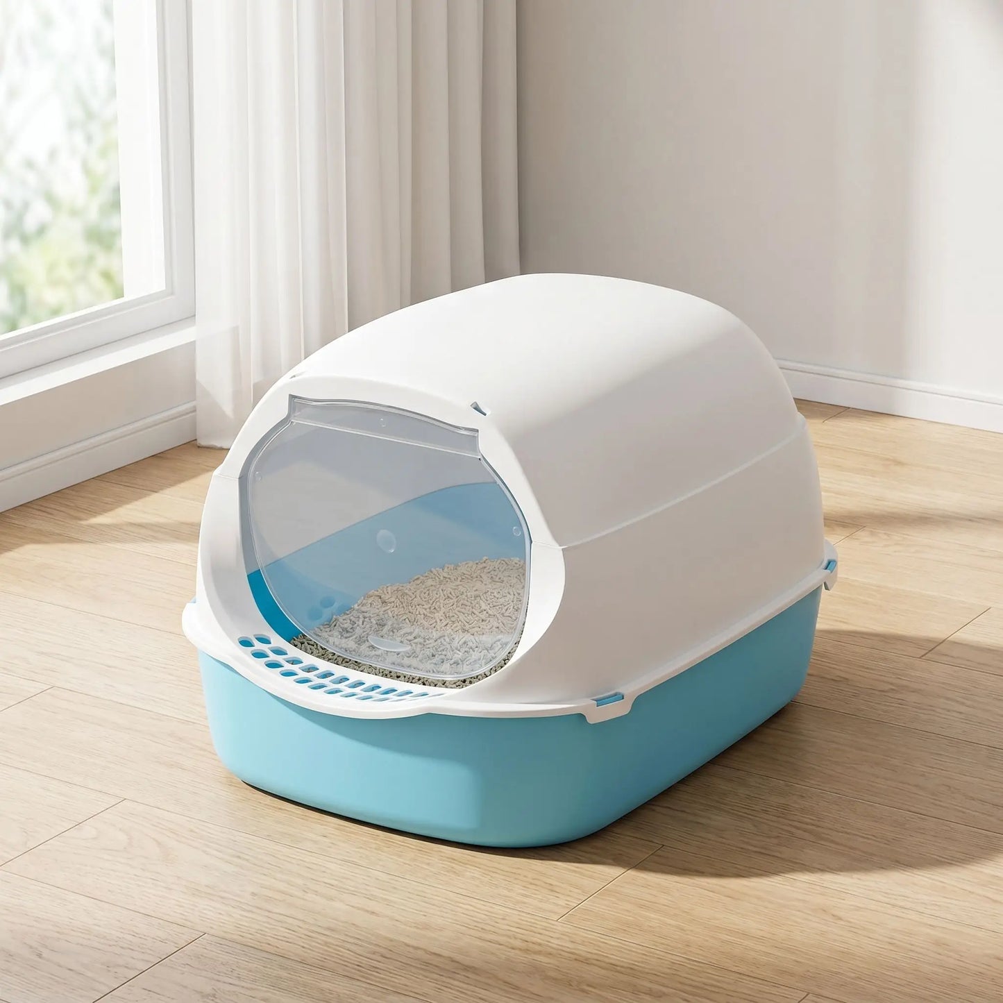 litiere fermée pour chat bleue fermée intérieur propre lumineux