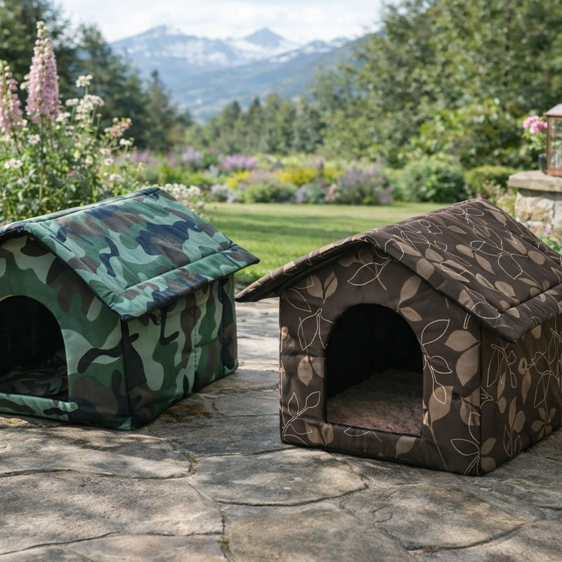 Deux maisons extérieur pour chat camouflage vert et feuille brune