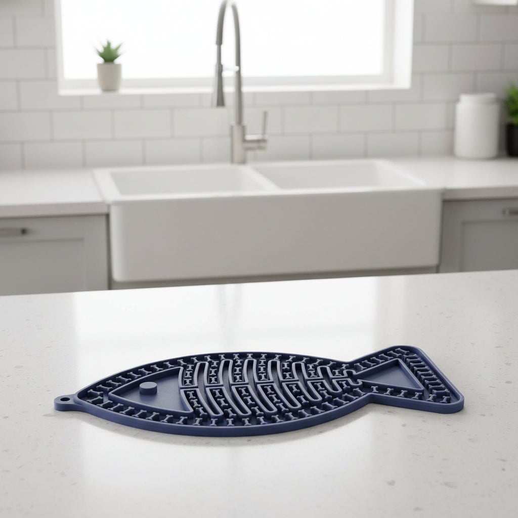 Tapis de léchage chat en forme de poisson bleu