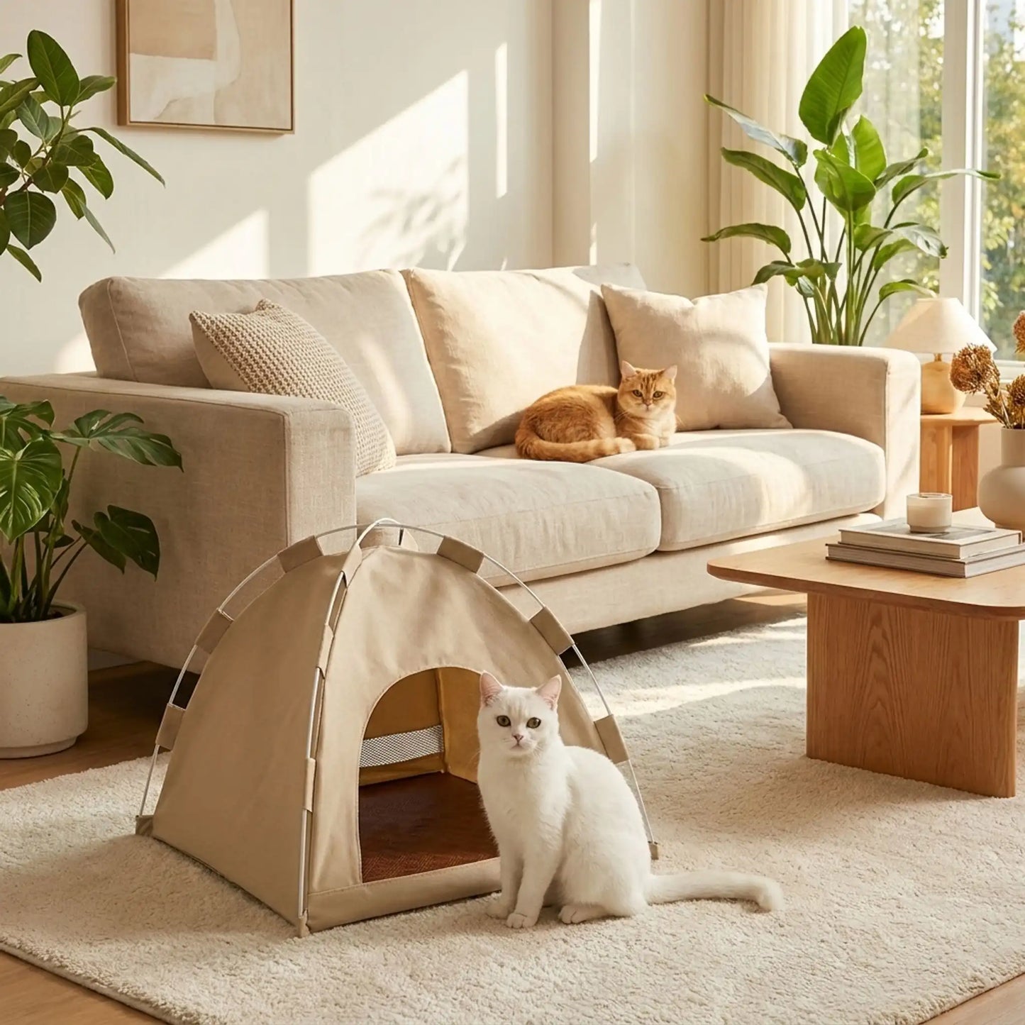Tente chat beige dans un salon avec deux chats