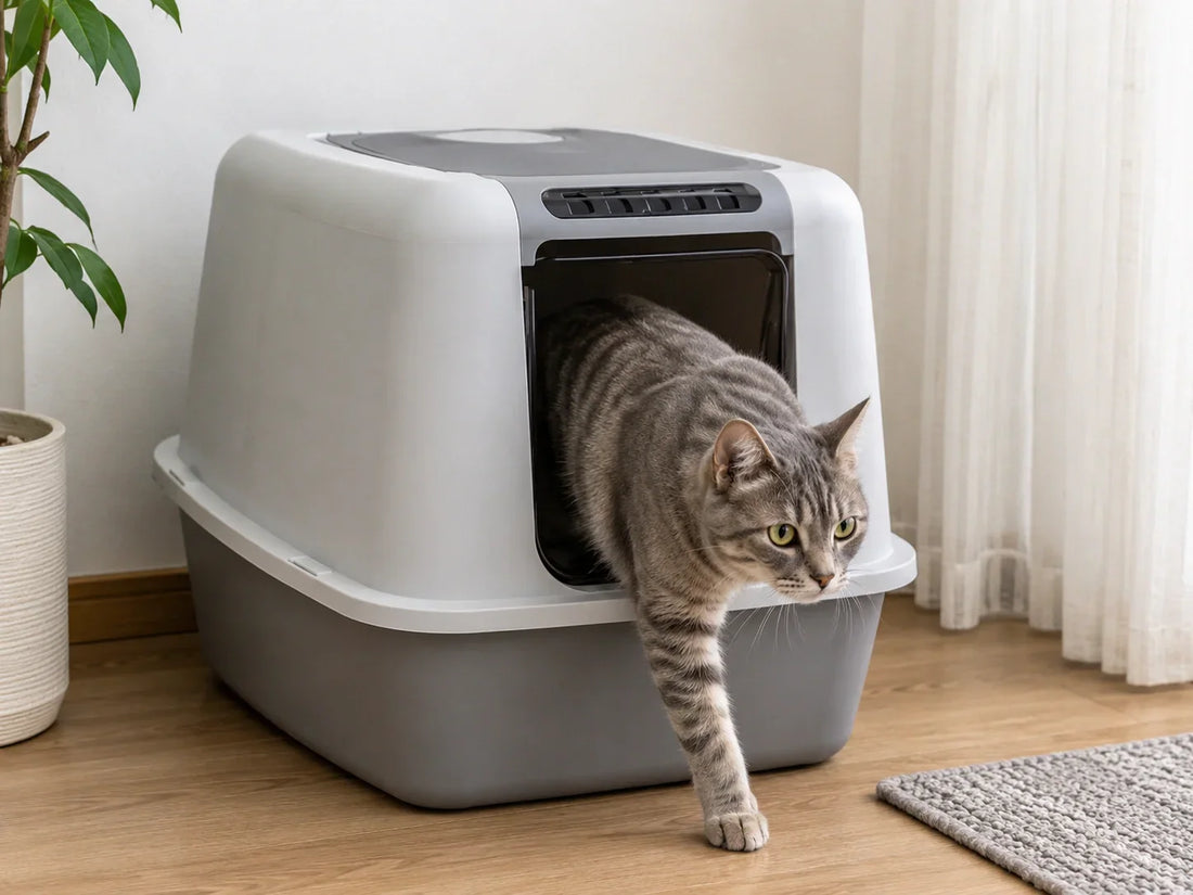 bac à litière fermé avec un chat