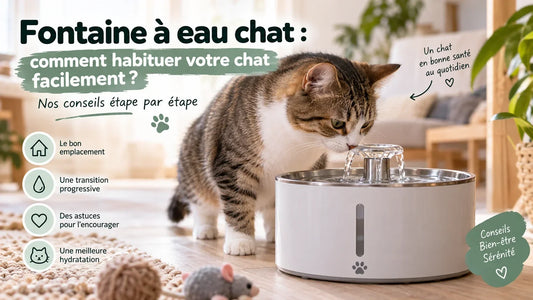 Chat découvrant une fontaine à eau dans un salon