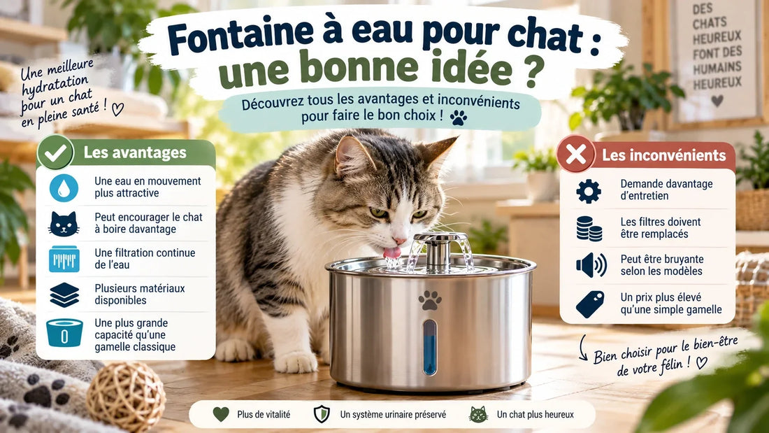 Chat buvant dans une fontaine à eau avec avantages et inconvénients