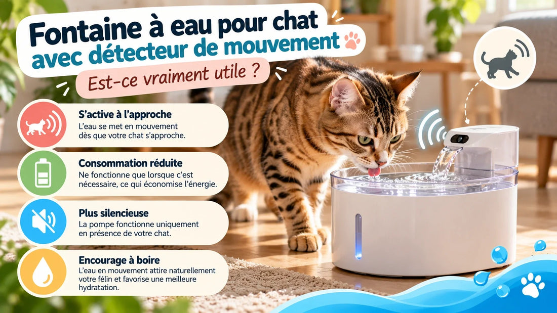 Chat devant une fontaine à eau avec détecteur de mouvement