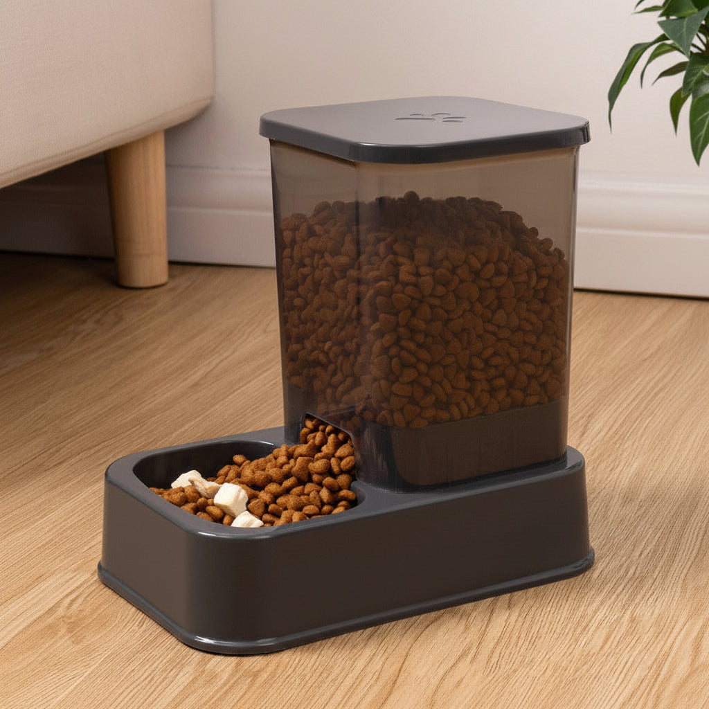 Distributeur automatique de croquettes chat plastique gris