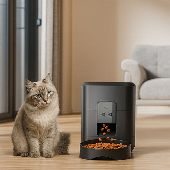 Distributeur automatique de croquettes chat présenté en intérieur lumineux