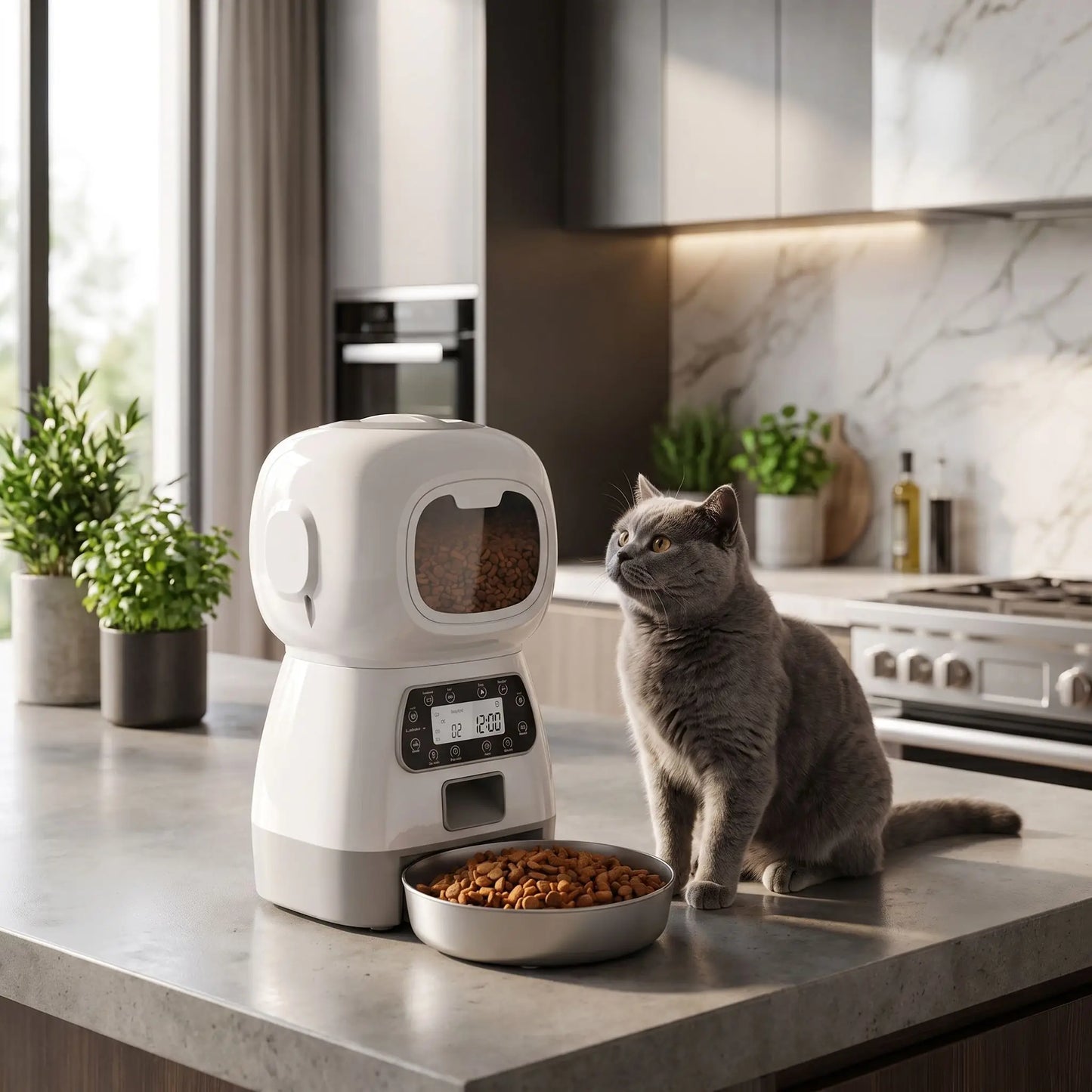 Distributeur automatique de croquettes pour chat avec bol inox moderne.