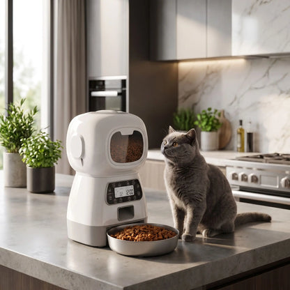 Distributeur automatique de croquettes pour chat avec bol inox moderne.