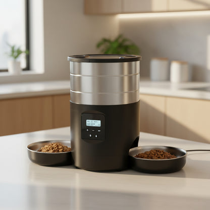 Distributeur de croquettes chat double bols en acier inoxydable