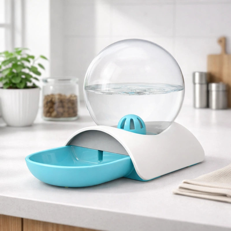 Fontaine à eau pour chat sans électricité bleu dans une cuisine modern