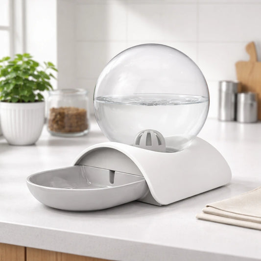 Fontaine à eau pour chat sans électricité gris dans une cuisine