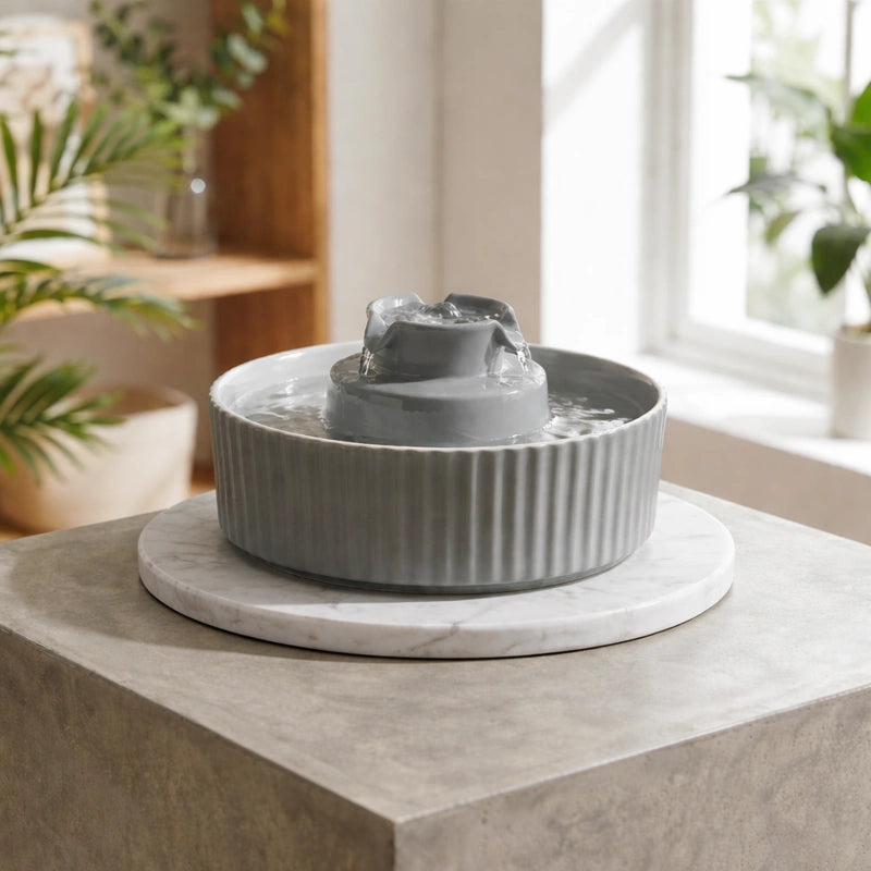 Fontaine à eau pour chat céramique grise sur présentoir en marbre