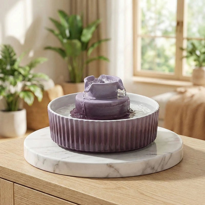 Fontaine à eau pour chat céramique violette salon lumineux