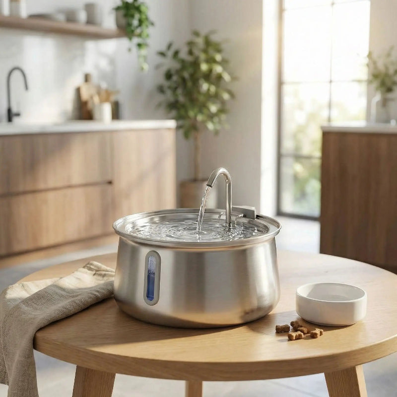 Fontaine à eau pour chat en inox sur une table