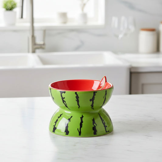 Gamelle pour chat surélevée en céramique design de melon d'eau
