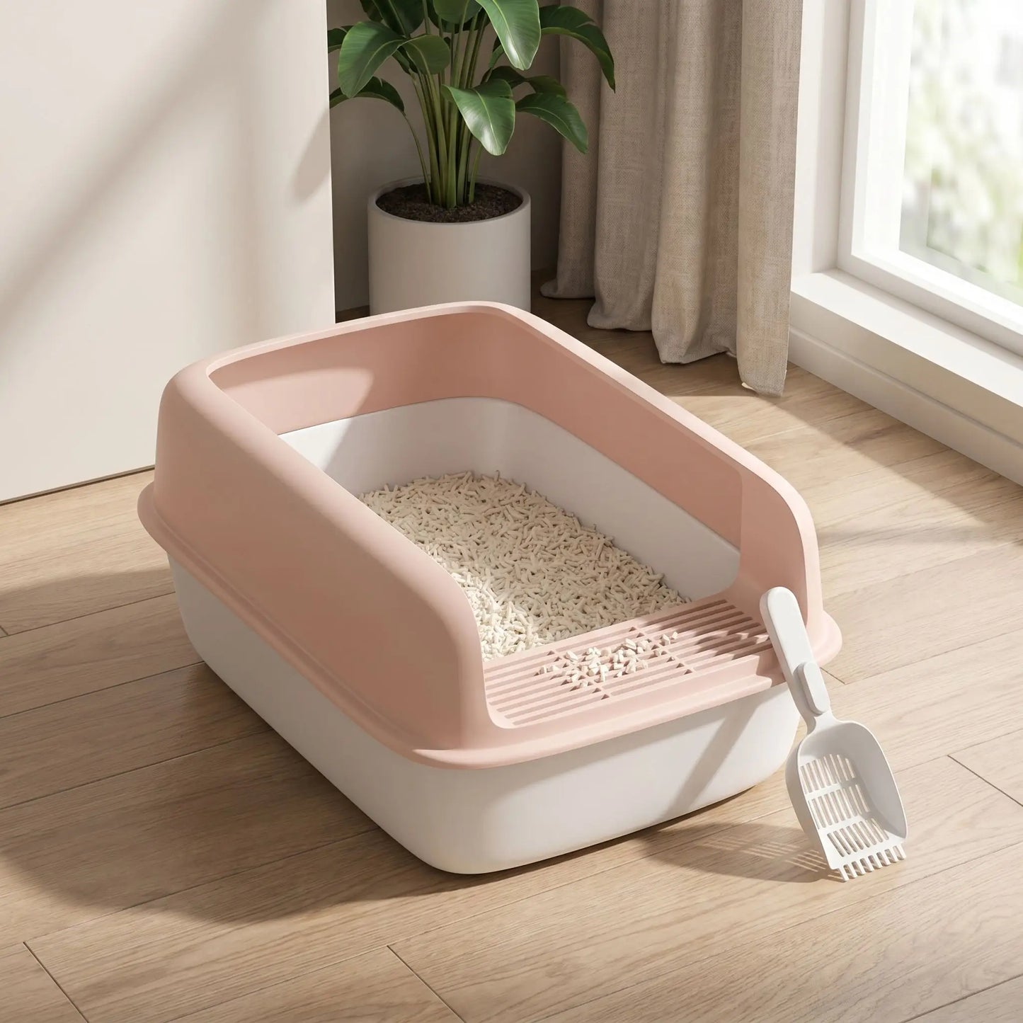 Litière chat abricot ouverte avec pelle et grille anti