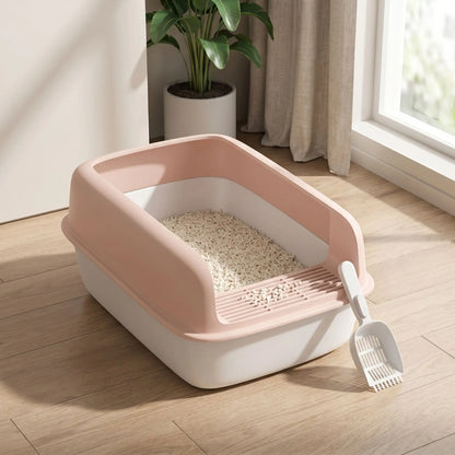 Litière chat abricot ouverte avec pelle et grille anti