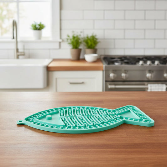 Tapis de léchage chat en forme de poisson vert