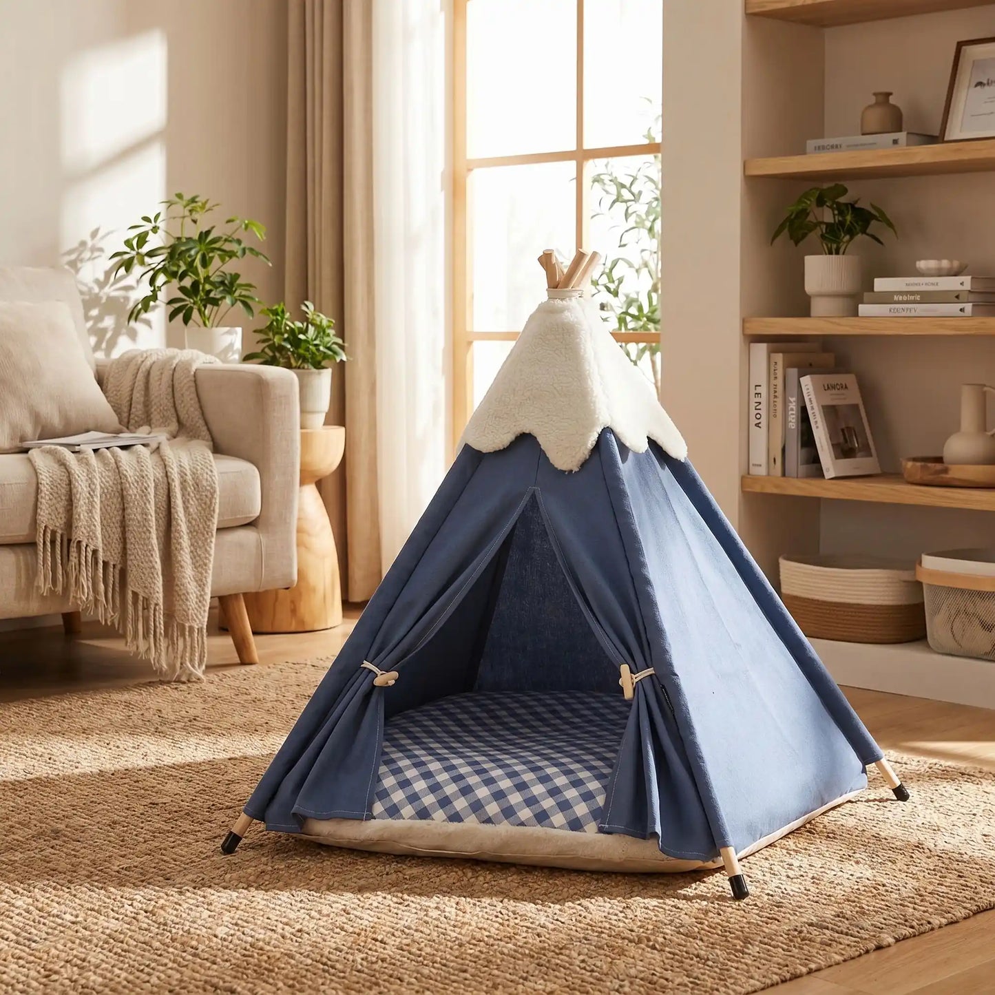 Tipi pour chat bleu avec coussin à carreaux