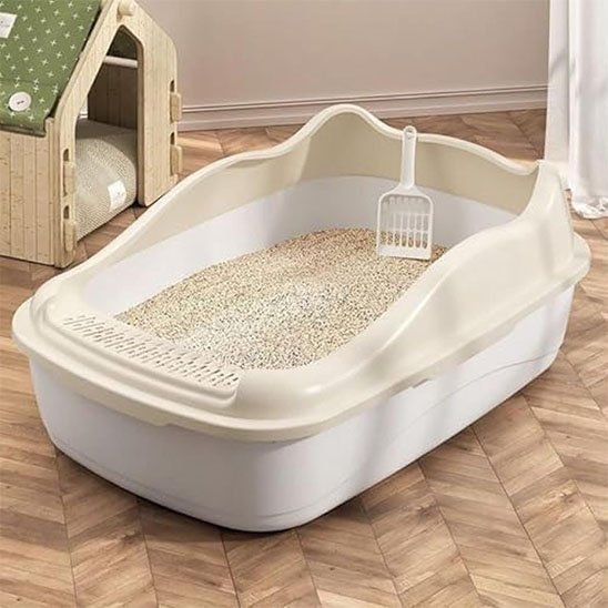Bac à litière chat beige ouvert rebord
