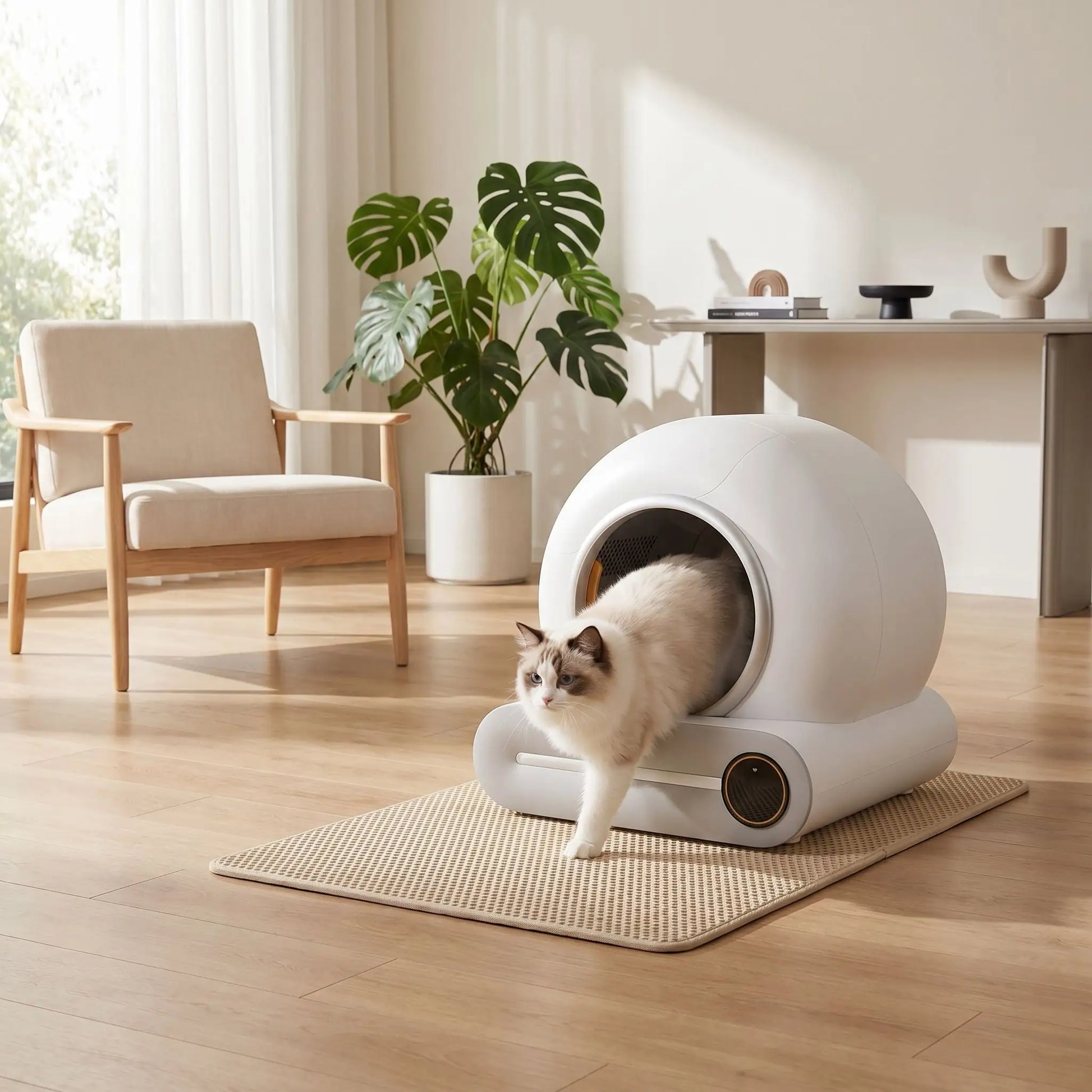 Bac à litière pour chat automatique avec chat qui sort