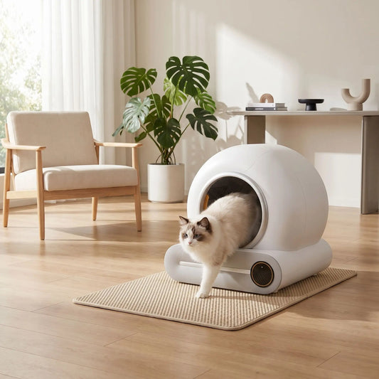 Bac à litière pour chat automatique avec chat qui sort