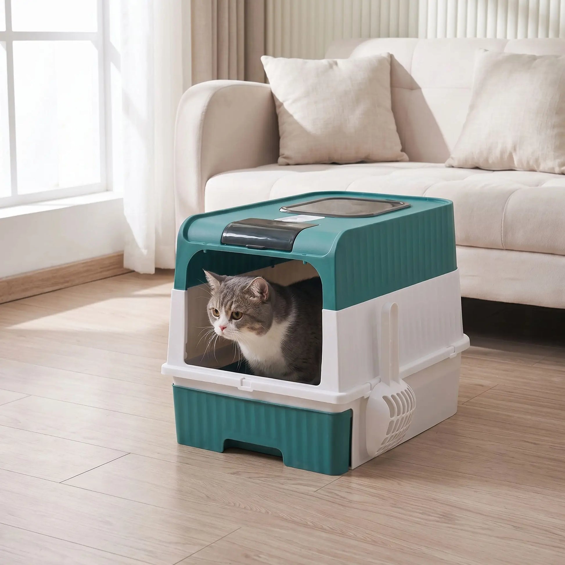 Bac à litière vert avec chat assis à intérieur maison