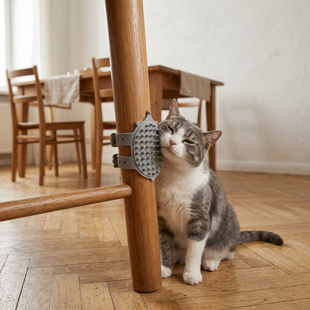 Brosse chat grise sur pied de chaise, félin frottant joue.