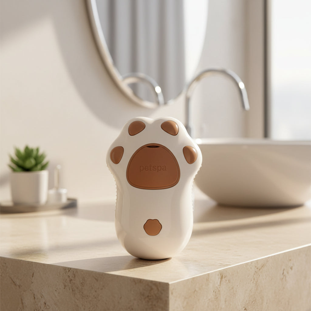Brosse vapeur pour chat blanche et brune dans une salle de bain