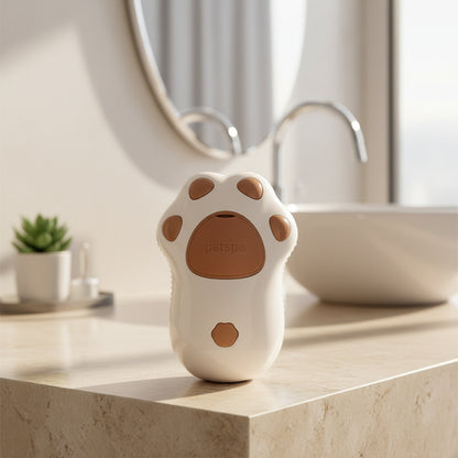 Brosse vapeur pour chat blanche et brune dans une salle de bain