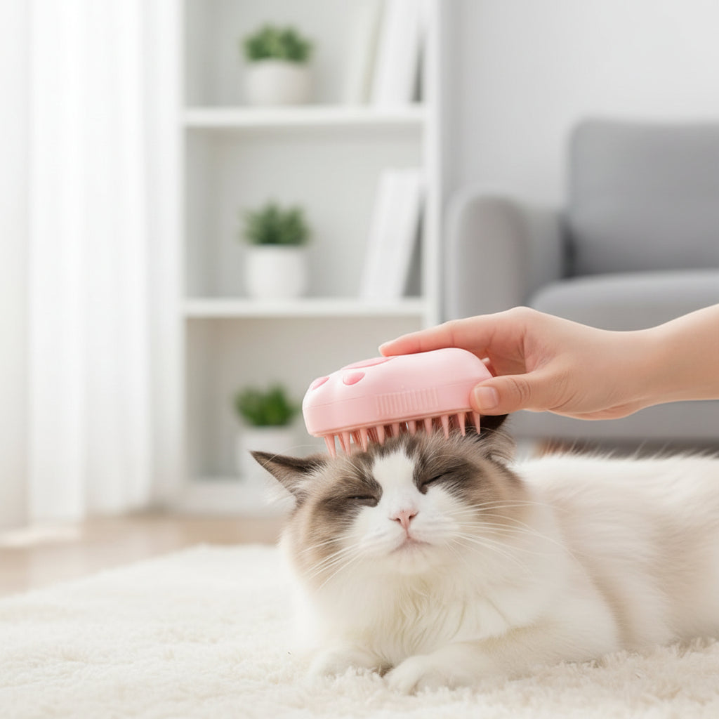 Brosse vapeur rose utilisée sur un chat à poils longs