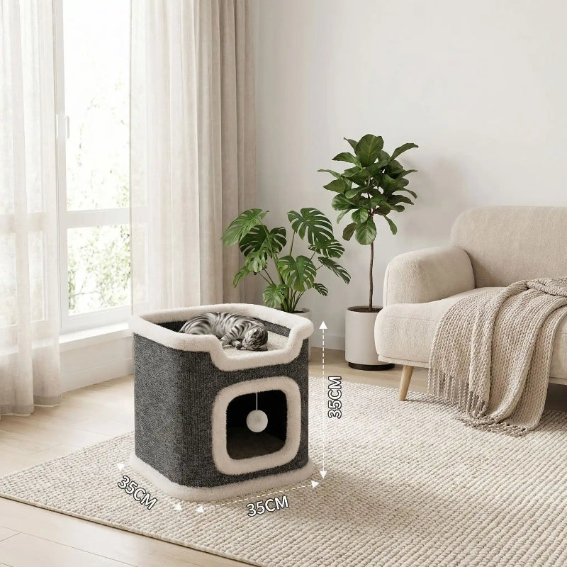 cabane pour chat intérieur cube gris avec couchage moelleux