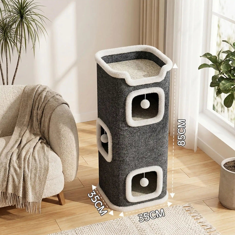cabane pour chat intérieur haute avec plusieurs ouvertures et jeux