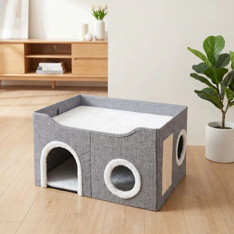Cabane pour chats grise ouverte double