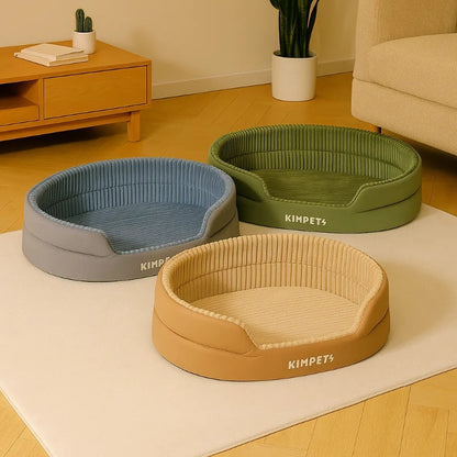 Chat panier beige gris vert dans un salon moderne