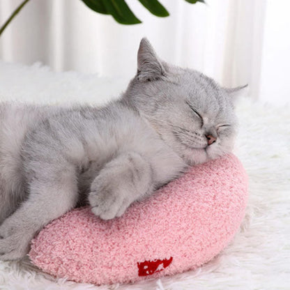 coussin à chat rose avec chaton gris rayé allongé dessus