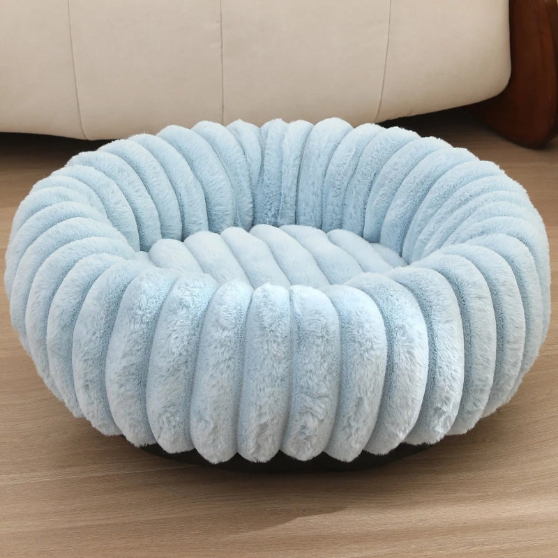 coussin pour chat rond en peluche bleu douce