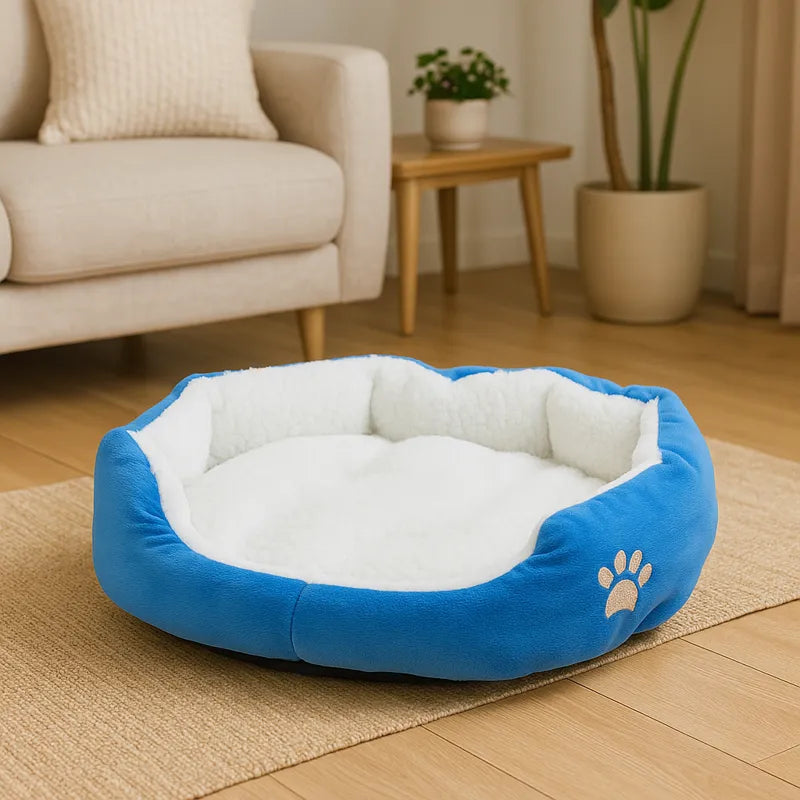 Coussin chat bleu douillet avec motif de petite patte dans un salon