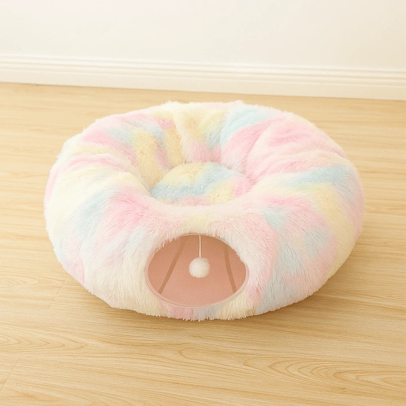 coussin pour chat tunnel couleurs arc-en-ciel doux
