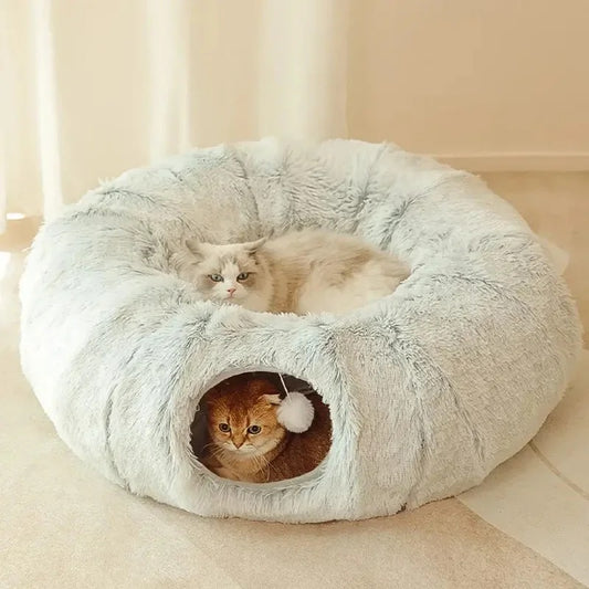 coussin chat tunnel gris avec deux chats
